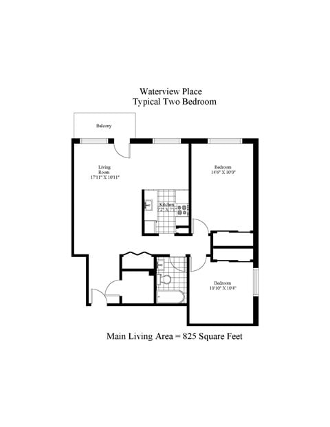 Floor plan for 2 beds, 1 bath, 825 sqft